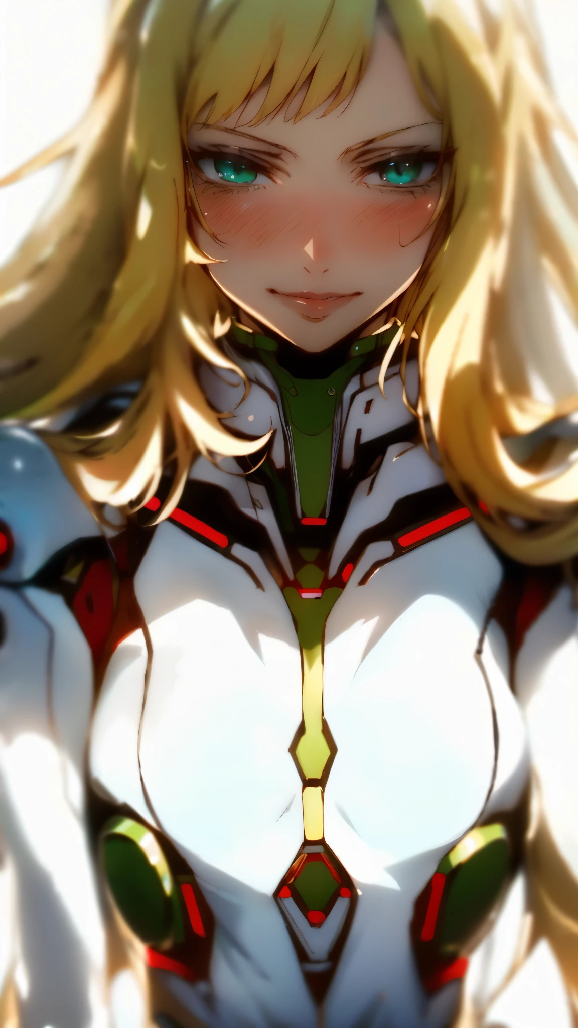 masterpiece, best quality, a beautiful woman with long shiny hair, choppy bangs, delicate face, passionate gaze, perfect smille, blush, seductive expression, tall and fit figure, perfect body, perfect skin, seductive pose, sexy Futuristic Technological Nanogel Clothing, the color scheme is primarily White with Green accents, this character embodies a finely crafted sexy beauty, exquisite and mature art style, mikoyan, anime aesthetic, simple shading, cell shading, goddess, feminine, exquisite photography, depth of field, bokeh, photorealistic, even and soft lighting on face, dramatic, high definition, highres, ultra detailed, professional photo, perfect body proportions, anatomically correct, symmetrical face, extremely detailed eyes and face, perfect eyes, high quality eyes, creativity, RAW photo, UHD, 32k, portrait lighting, cinematic lighting, (masterpiece-anatomy-perfect:1.2)