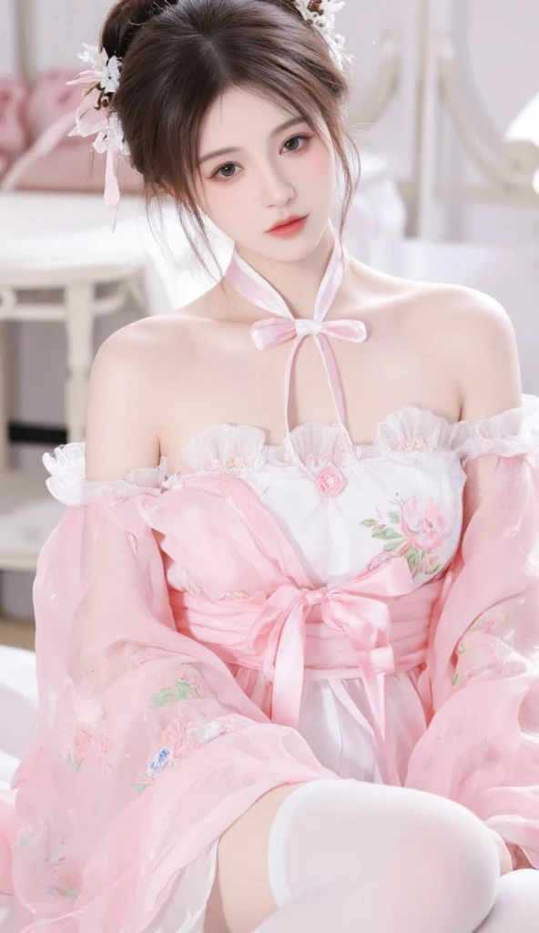 1girl,dress,hair accessories,white skirt,solo,Hanfu,long hair,sitting,bare shoulders,window,brown hair,bun,indoor,black hair,sexy legs,
looking at the audience,
<lora:kim_å°çº¢å
_v1:0.75>,<lora:COS女å©zhujiao:0.5>,
