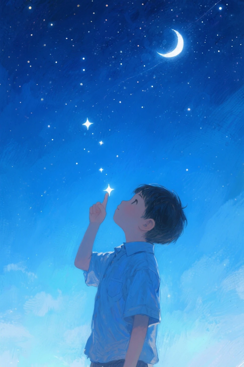 “japanese school boy”, “looking up at sky”, “holding paint brush, “painting sky”, “white polo shirt”, “by the ocean”, “night time”, “light shining from brush”, “sparkles exploding from brush”, “warm and cold”
