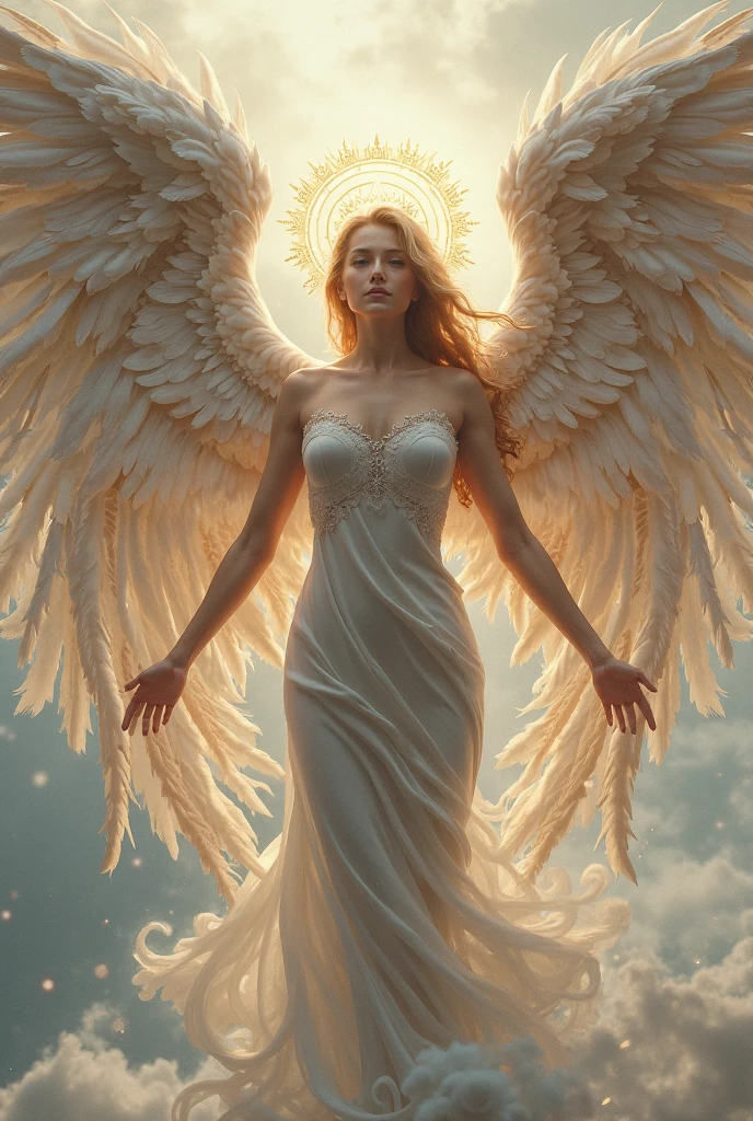 Please create an image of a mysterious and enigmatic angel. This angel should be bathed in an ethereal, radiant light that exudes an aura of celestial mystery and wonder. The angel's pose, setting, and appearance can all contribute to the sense of mystique. Push the boundaries of color, luminosity, and intricate detailing to craft an image that captivates the viewer's imagination and conveys the angel as a divine enigma. Your artistic skills are crucial in bringing this enigmatic angelic vision to life