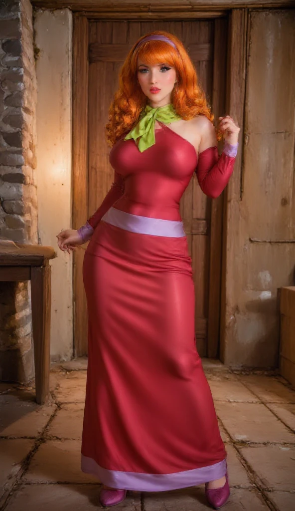 Full body, realistic, 8k, best quality, masterpiece, (1 beautiful woman, solo: 1.1), very big breasts, orange hair, orange dress, orange elbow gloves, orange high heel boots