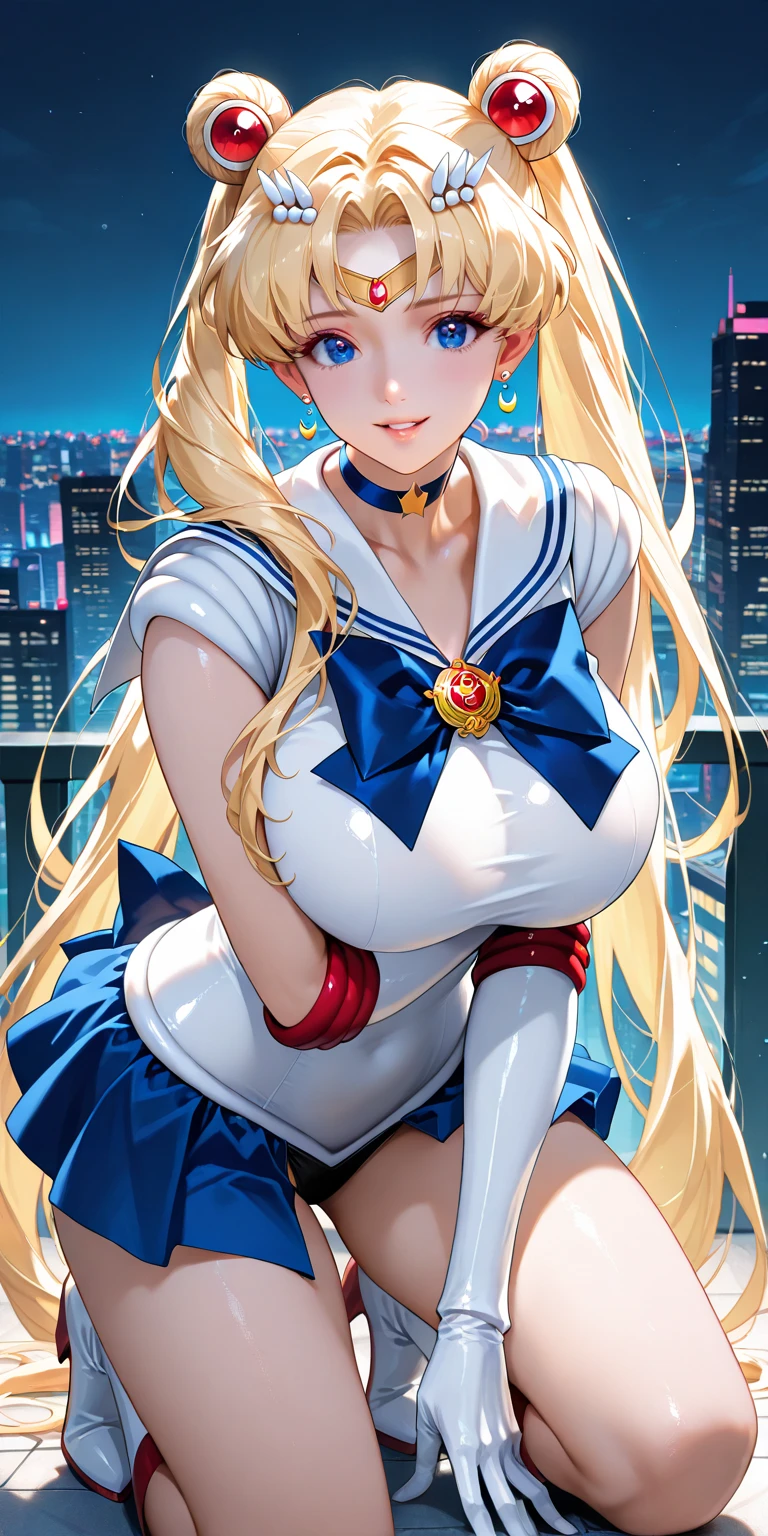 masterpiece, top-quality, Hi-Res, venus1, 1girl in, 独奏, Sailor Senshi Uniform, sailorvenus, Minako Aino, blonde hair, magical little girl, blue eyess, Orange skirt, elbowgloves, tiarra, pleatedskirt, Hair Ribbon, orangesailorcollar, a miniskirt, a choker, Red bow, orangechoker, white glove, Very long hair, jewely, 耳环, cowboy shot, A smile,ultra gigantic tits,Nipple emphasis,Skirt is pulled up、Showing off your panties