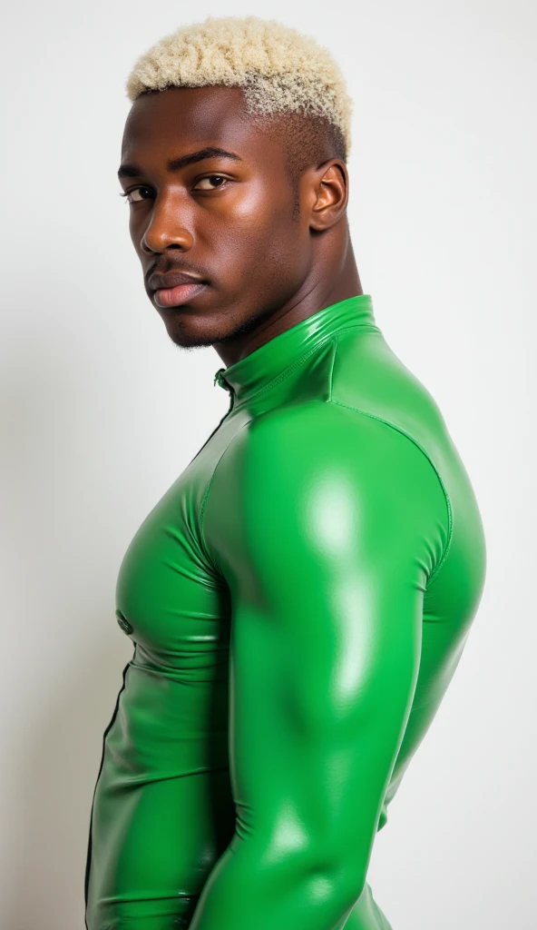 realistic, a black man wearing black green rubber bodysuit <lora:100_male_rubber_drones_v1.1:0.55>, rubber suit, bulky body, rubber , unzipped, rubber gloves, wetsuit