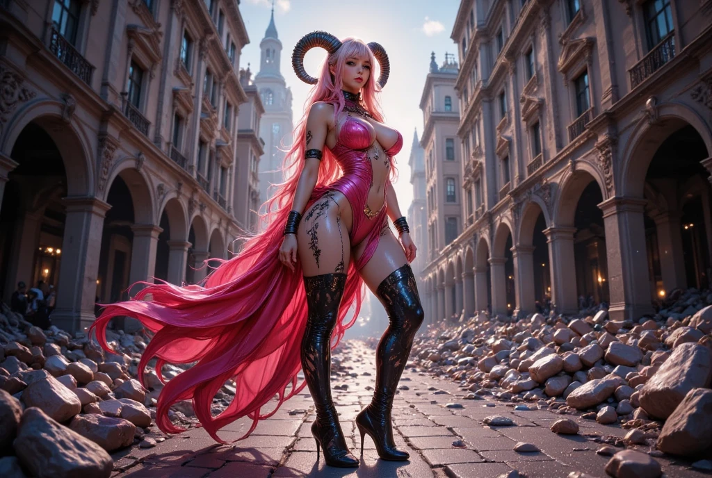 outdoors, overgrown, post-apocalypse, puddle, puffy sleeves, rubble, ruins, scenery, sky, water, ((solo, detailed bright pupils, full body, standing)), <lora:calliopeMoriHololive_v10:0.15>, (mori calliope nsfw), mature, tiara, white veil, spikes, (red eyes:1.2), dominatrix, pink long hair, (masterpiece, best quality,beautiful lighting,extremely detailed:1.2), (photorealistic:1.4), succubus, curve horns, long hair, sexy, (detailed bright pupils:1.3), big breasts, (pointy ears, crotch tattoo)