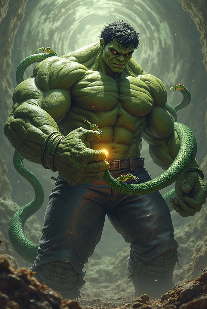 Hulk holding a big anaconda in his hand