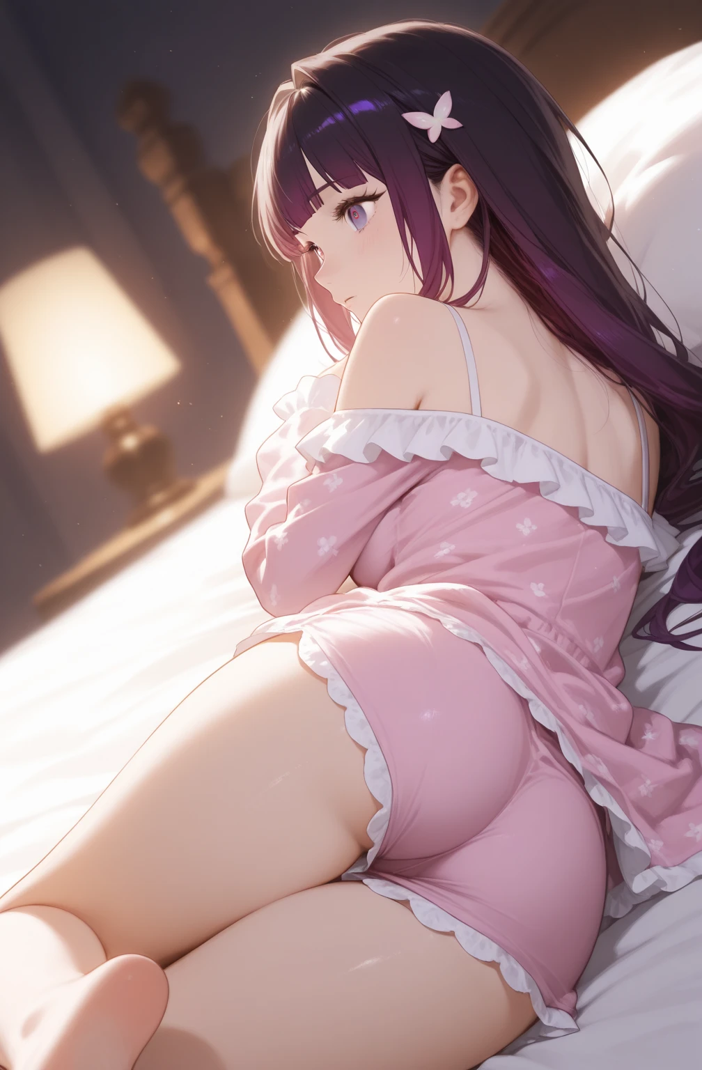 (((Pixel Perfect, Perfect detail))), ((alone, 1 girl)), fern, long hair, bangs, (purple eyes:1.1), purple hair, sidelocks, blunt bangs, (bright pupils:1.5), half updo, long sleeves, dress, white dress, long dress, robe, black robe, (bra), (lying on the bed:1.3), (spread legs:1.3), (showing panties :1.3), upper body, indoor