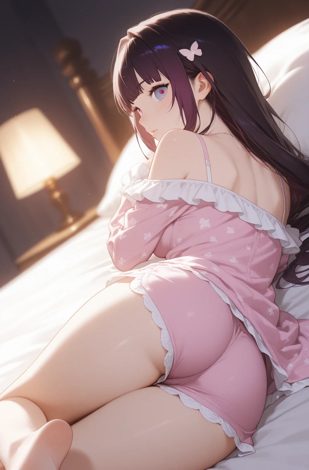 masterpiece,best quality,8k,(violet evergarden \(series\):1.2),beautiful eyes,stockings,blue ice dress,nightgown,on_side,(1girl:1.2),violet evergarden,flower pattern,