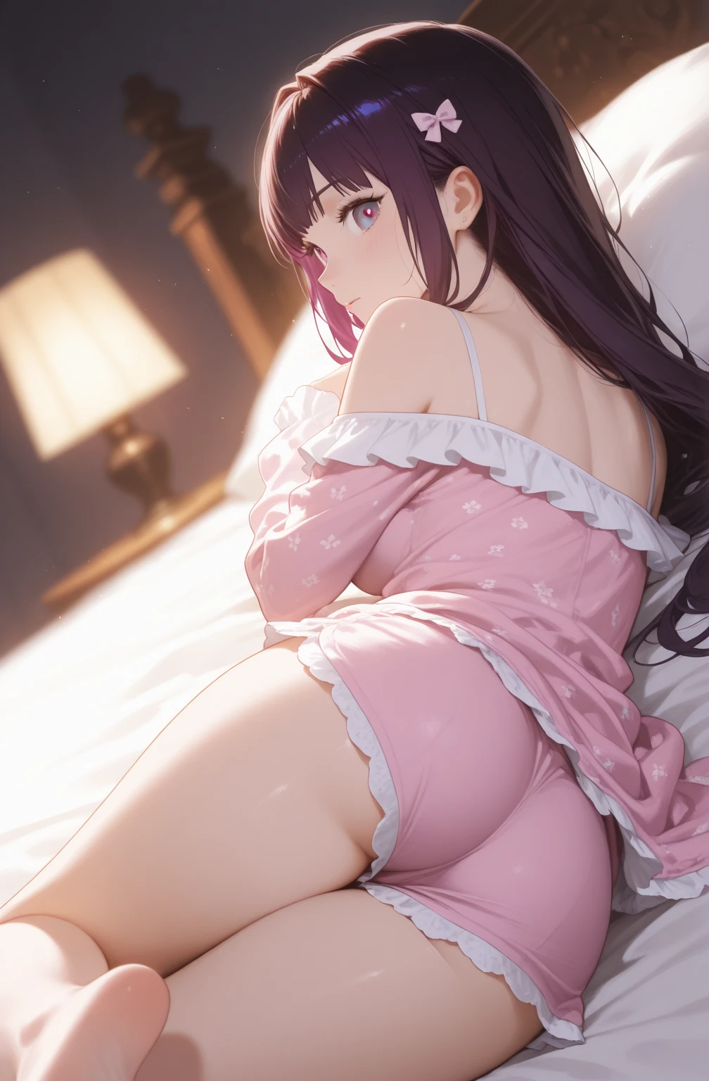 score_9, score_8_up, score_7_up, source_anime, rating_explicit, beautyful mature japanese woman, slim body, slender body, big long fringe black hair, black lipstick, pink bra, pink panties, black jacket, sticking her ass out,hunched over, bored face, night, beauty chic room, golden and black room, sit in a bed, motel room