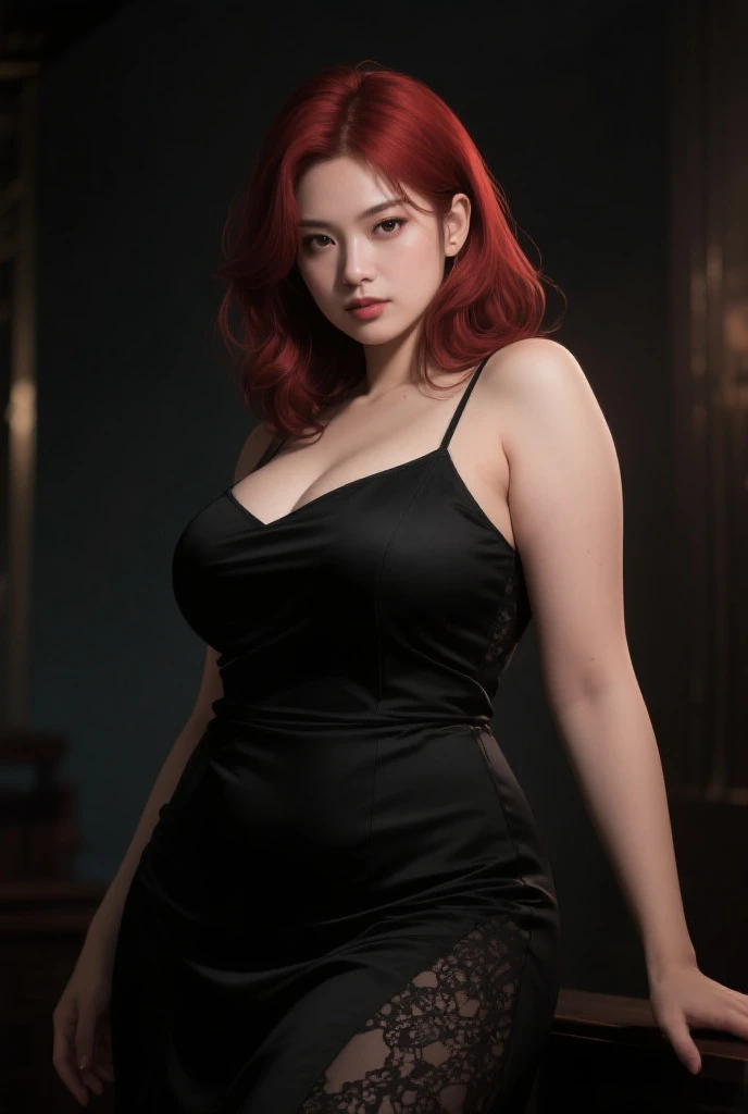 Ultra realistic, real girl, 16K, best quality, High resolution, hot atmosphere, dream atmosphere, 1 girl, 18 years old, Long messy red hair, messy bangs on forehead, sexy eyes look, pale white skin, wearing alternative black outfit, earrings, fit body, big natural breasts, slim body, tall and hot, seductive, sensual posture, big hips, thick legs, torn clothes, blurred background, Depth, dream aesthetic, Atmosphere of dream, cinematic lighting. 