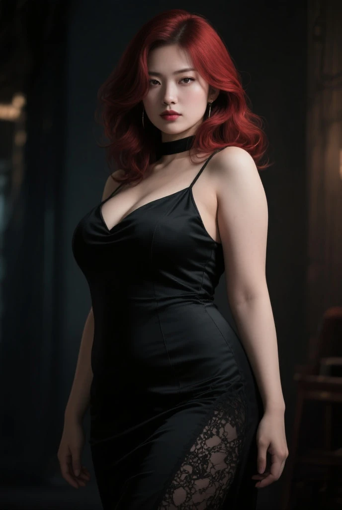 Professional photo photography, (masterpiece, best quality, hyperrealism), photorealistic:1.1, highest detail, sharp, (detailed face and eyes):1.2, 1girl, solo, mature female, jessie_pokemon, red hair, blue eyes, perfect grd_body, black dress, ankle wrap, sandals, full body wide low angle shot, <lora:grd:0.3>, <lora:jessie_pokemon-10:0.7>