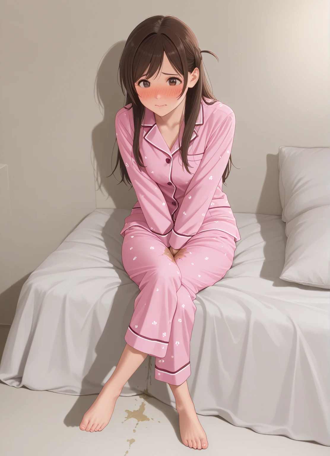 Masterpiece, ultra quality, ultra detail, 18yo, 1girl, pale skin, back long hair, small breasts, brown eyes, pink long fullbody pijama, lay on bed , bedroom background