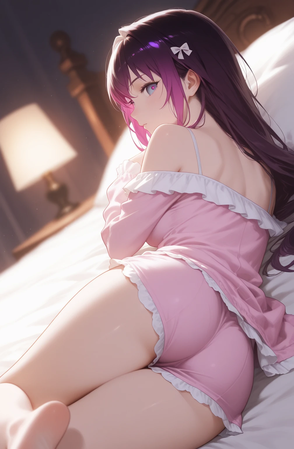 a room、Bedroom、colored lace bra、Brown hair、Forehead Purple lace 、New Pantiesfit derrieie down