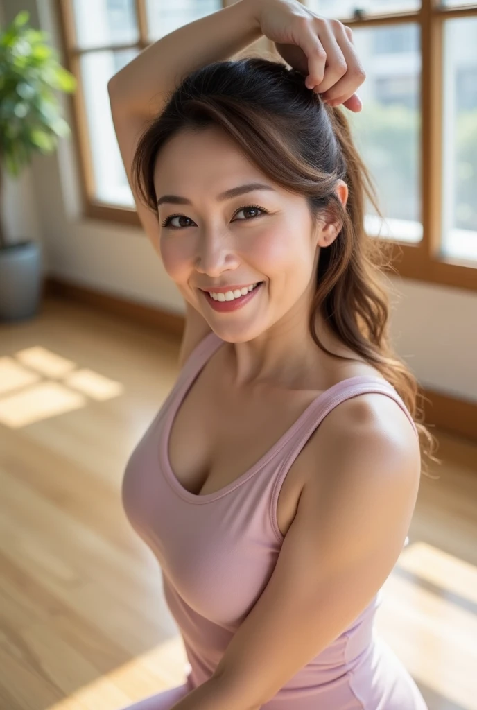 Mature attractive sexy woman,50 years old, Shut,((Big Breasts:1.2)),(Facial wrinkles:1.3),light makeup,Light brown hair,Long Hair,(Tabletop),8k, RAW Photos, highest quality, Laughter,masterpiece,highest quality、A gentle smile、A gaze that seduces viewers、Random hairstyle、early morning、Around the Imperial Palace、(jogging)、(Wearing a jersey)、(spats)、(hot pants)、Sweaty skin、