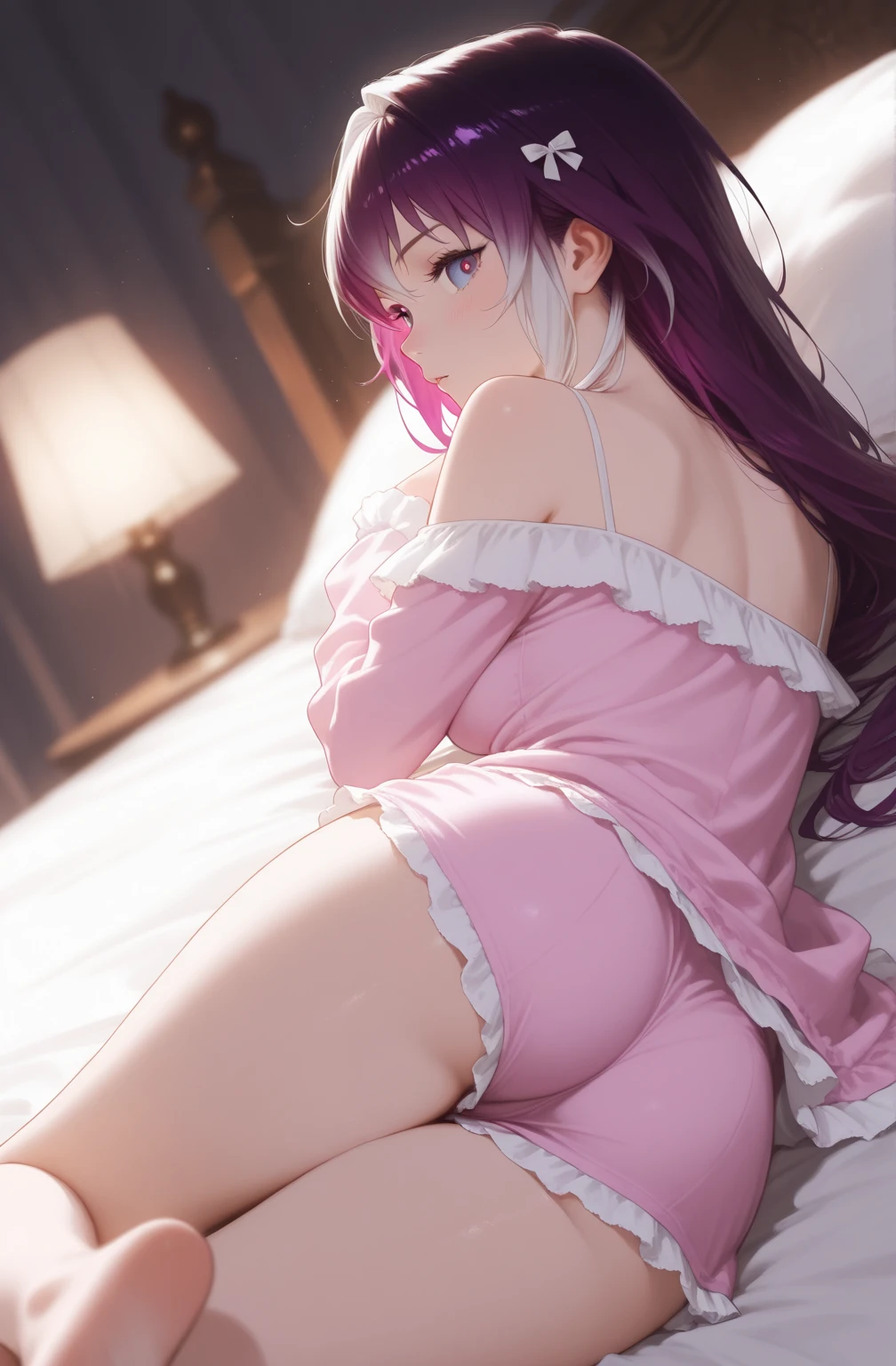 POV I'M massaging her lovely lower back as she lays naked on the comfy bed with ass cheeks spread apart pussy dripping wet through her lace panties Cute and adorable Eurasian anime catgirl showing her lovely breasts while hugging a pillow wearing a skimpy revealing and alluring goth sheer lace nightgown camisole shy blushing sweet young girl