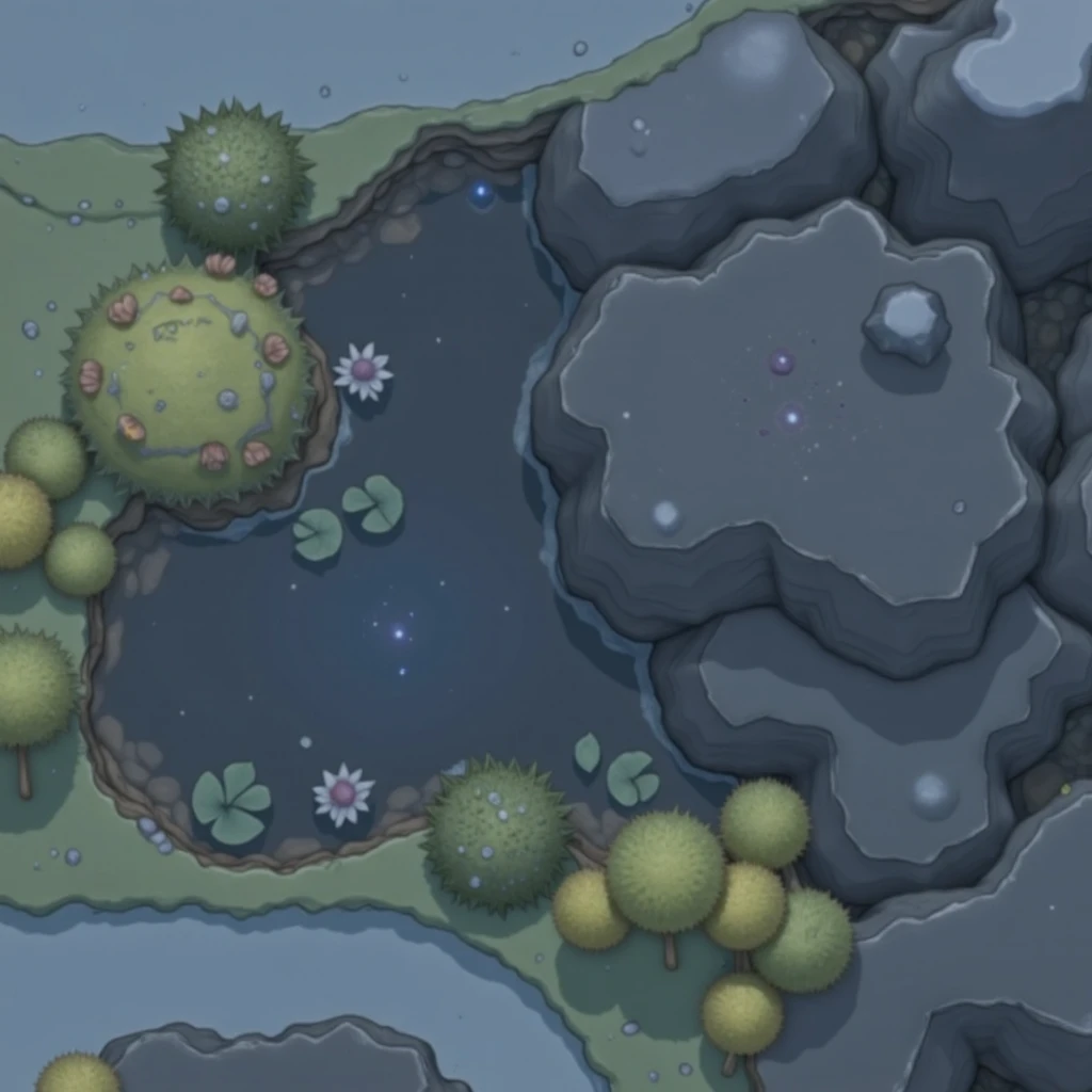 Please , creates a Guofeng Xianxia map with the following characteristics: 创建一个略带Ink Style格的国风仙侠俯视图，Mountain top view，Mountains，Snow Mountain Top ，（Snow Mountain Top ），grassland，pool，pond，reflects the starry sky，the way，Funny plants，Lotus Leaf，（Isometric perspective），Top view， drone perspective，Ink Style, teamed up was excellent ， masterpiece, best quality, sitting across，8K，realistic photo, Professional, perfect composition,National style element ，teamed up was excellent , funny roof， High accuracy is important: （Simple），uncomplicated，Don't use the name , tag or text on the map .I just want a geographical layout reflecting the description .