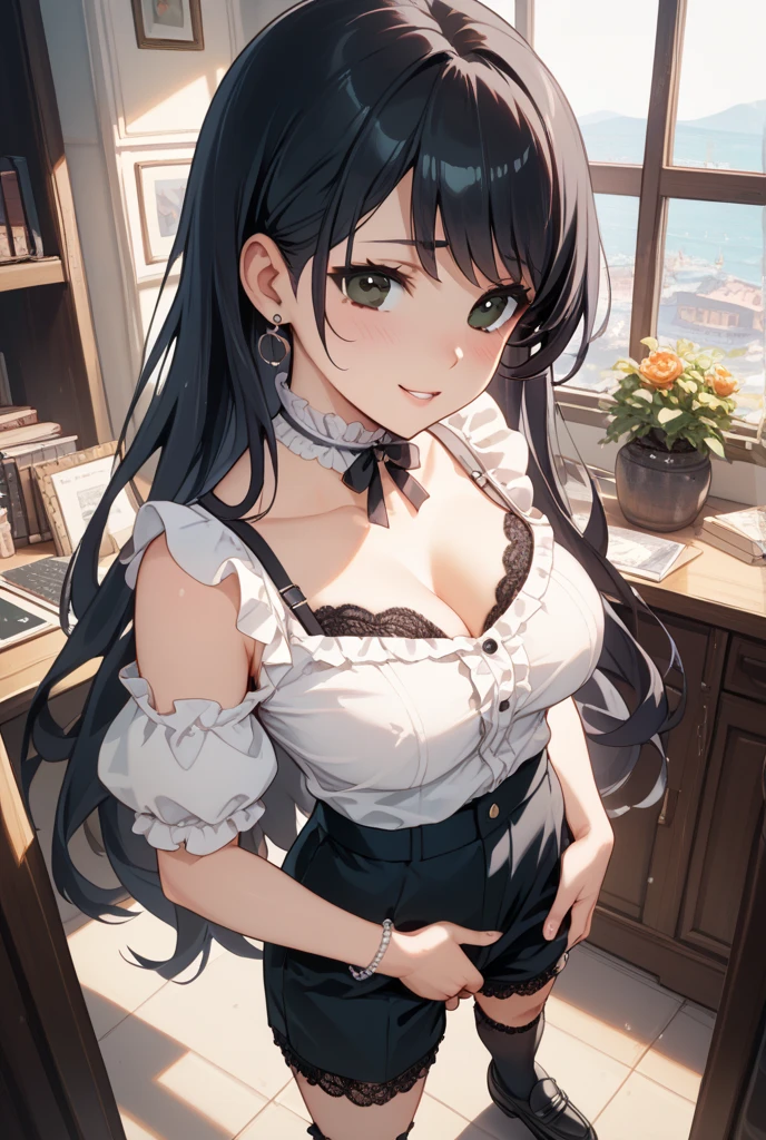 (masterpiece), best quality, high quality, dynamic light, 1girl, expressive eyes, perfect face, horny face, brown eyes, perfect body, big breasts, shy, seductive smile, taking off clothes, undressing, female masturbation, long black hair, ponytail, maid uniform, white panties, wet, suggestive fluid, full body, sitting on chair, from below