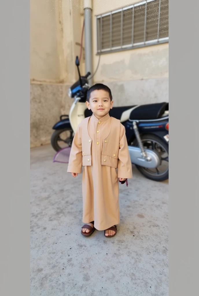 make a daughter about 2 years old, height 78 cm, short crew cut hair, wearing a long-sleeved kaftan shirt with a grayish cream color and wearing white shoes, full body, Indonesian children, portrait view