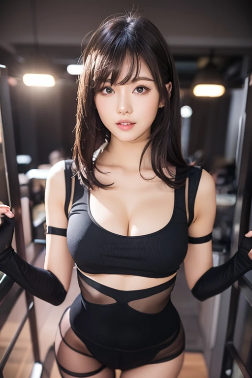 masterpiece, Best Quality, Photo-realistic, RAW data, Ultra-detailed, High resolution, professional lighting from below, 1 the most beautiful girl, standing, (from head to thigh, yellow-clop-top, low-rise-pleats-mini-skirt turned over:1.5),(fine-featured the cutest shy face:1.5), (huge massive and well balanced round breasts:1.2), Russian French Japanese and Korean mixed face, 28 years old, no-makeup, dark brown ponytail hair, Beautiful detailed eyes, front body, fitness body, having abs, accurate human well-proportioned body, extra-long arms and foots, Basement concrete wall background,
