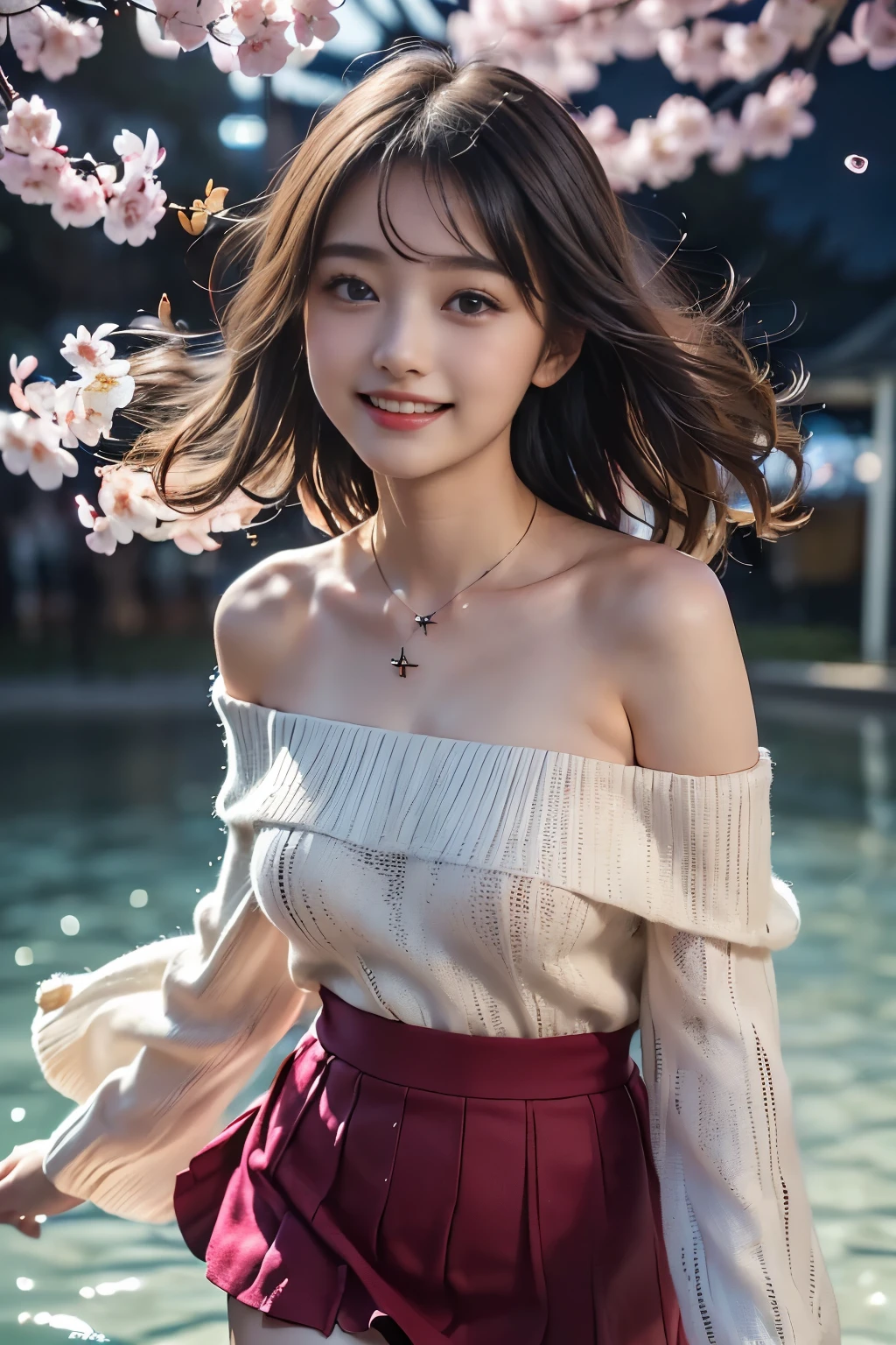 (Highest Quality、masterpiece、super quality、Super accurate 、UHD、Ultra High Definition:1.2)、(16k、Photorealistic、Photographic Realistic、 RAW photos 、f/2.8:1.uper realistic details、high detail、very detailed、Highest Qualityの影、depth of field in shallow water、Raytracing:1.2)、(Baby Face、Pretty Girl High School Student、20 years old:1.uper cute face、One Nogizaka girl:1.3)、(dynamic action、full body、stroll、Professional cinematography、low angle:1.agitales、double eyelids、beautiful, clear, dark eyes)、(natural makeup、crystal pendant for acting)、(big smile、happy:1.hort bob with brown hair、shortcuts、bungs、流したbungs:1.2)、(Completed、完璧な比率、Beautifully detailed body、Beautifully detailed hands and fingers、Beautifully detailed legs、 white skin、very detailedな肌と顔の質感:1.2)、(Off-the-shoulder knit dress with mini skirt:1.pring fashion:1.pring cityscape、fluttering cherry blossoms、fantastic、Mysterious、Night Scenery、starry sky:1.5)、(Beautiful Girl Dancing Gracefully 、Hair blowing in the strong wind、Skirt fluttering in the strong wind:1.4)、( beautiful Korean girl 、 cinematic lighting 、professional lighting)