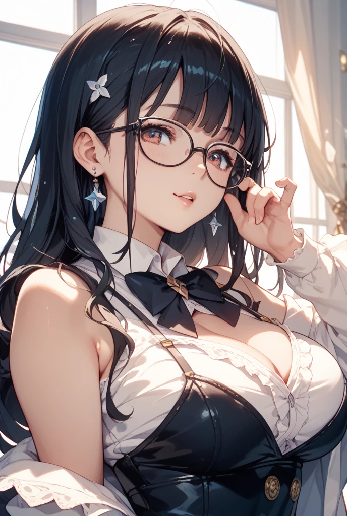 (((Masterpiece))),(((Best quality))),(((Amazing detail))),((illustration)),((A high resolution)),((8K)),((Anatomically correct)),Blue long hair,High ponytail,Delicate hair,a matural female,black-frame glasses,Light smile,adjusting eyewear,angle of view,Anime,Depth of field,Classroom Background,Sunset,Soft light,From above,Lens flare