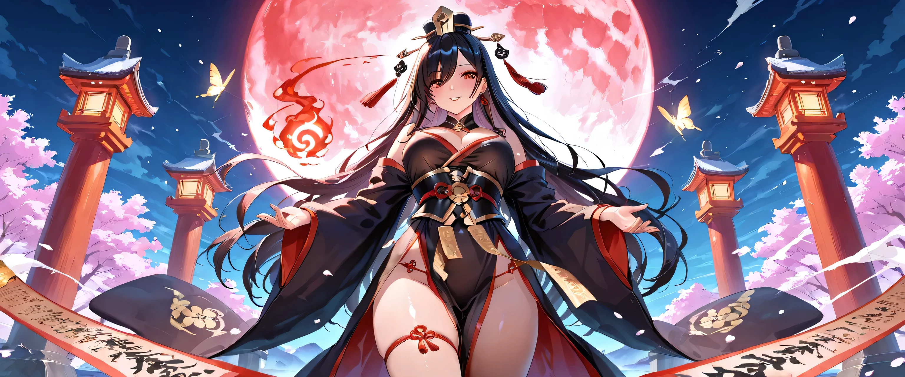 "A powerful and alluring female version of Black Wuchang (Hei Wuchang), the legendary soul guardian from ancient Chinese mythology. She wears a sensual variation of a traditional purple Taoist robe combined with flowing hanfu elements — high slits, layered translucent silk revealing glimpses of her legs, and silver-threaded ghost flame motifs across her fitted bodice. Her sleeves trail like mist as she moves, and her form-fitting underlayer subtly outlines her curves. midriff, red g-string panties
Her tall ceremonial black hat bears glowing Chinese calligraphy '一去不复返' (One Way No Return), and her waist-length black hair flows like a river of ink. Her face is hauntingly beautiful: porcelain skin, sharp cheekbones, crimson-red eyes with smoky eyeshadow, and deep obsidian lips curled in a faint, dangerous smile.
She strides forward from a mist-shrouded underworld gate with seductive confidence, pulling a glowing blue soul bound by spirit chains in one hand. Her other hand elegantly wields a fluttering talisman scroll. Around her swirl ethereal butterflies, floating soul wisps, and torn red silks in the wind. Crumbling stone lanterns and dragon-carved pillars surround her under a blood-red moon. The scene radiates divine feminine power, dark allure, and ancient mythological mystery. --v 5 --style anime --ar 2:3 --style raw --q 2 --camera low angle --action pose --theme Chinese mythology --lighting dramatic"