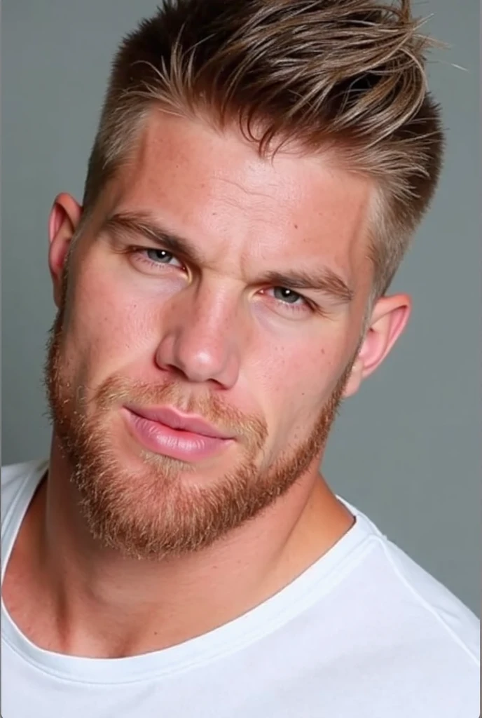 Create an image of a hot and sexy handsome white man with blonde hair and a blonde beard with his penis out 