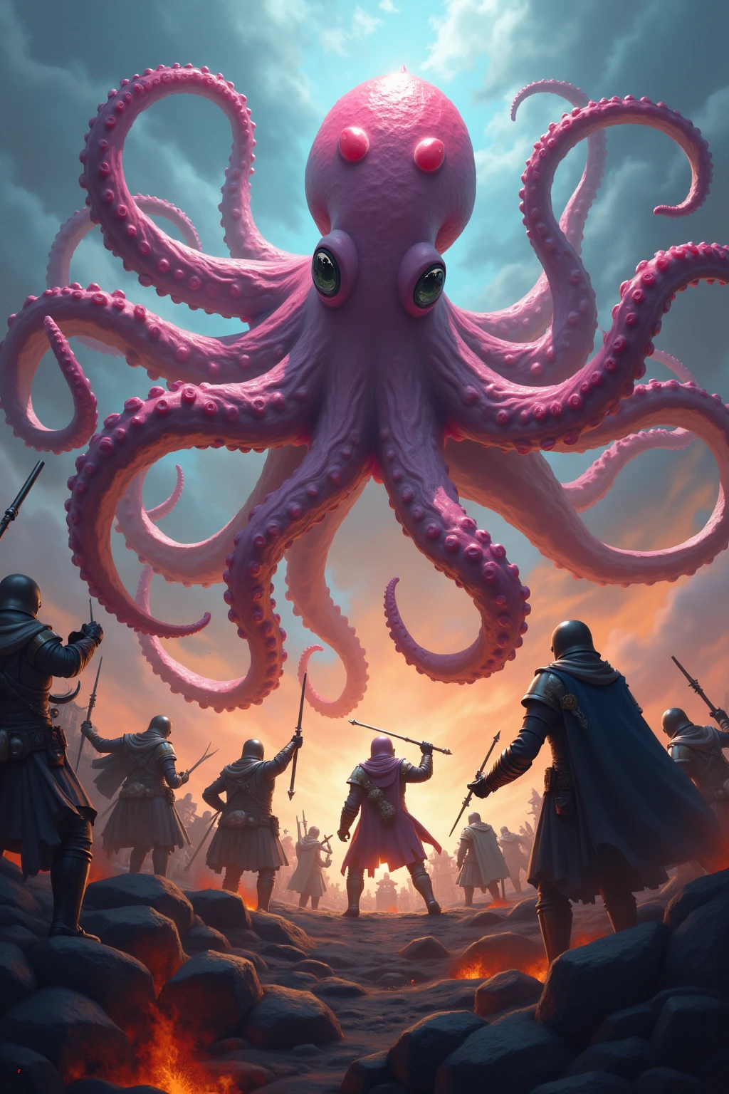 A man with short silvery blonde hair on top of a black dragon in the sky, fighting a giant red squid that is in the sea. As nearby ships catch fire and sink