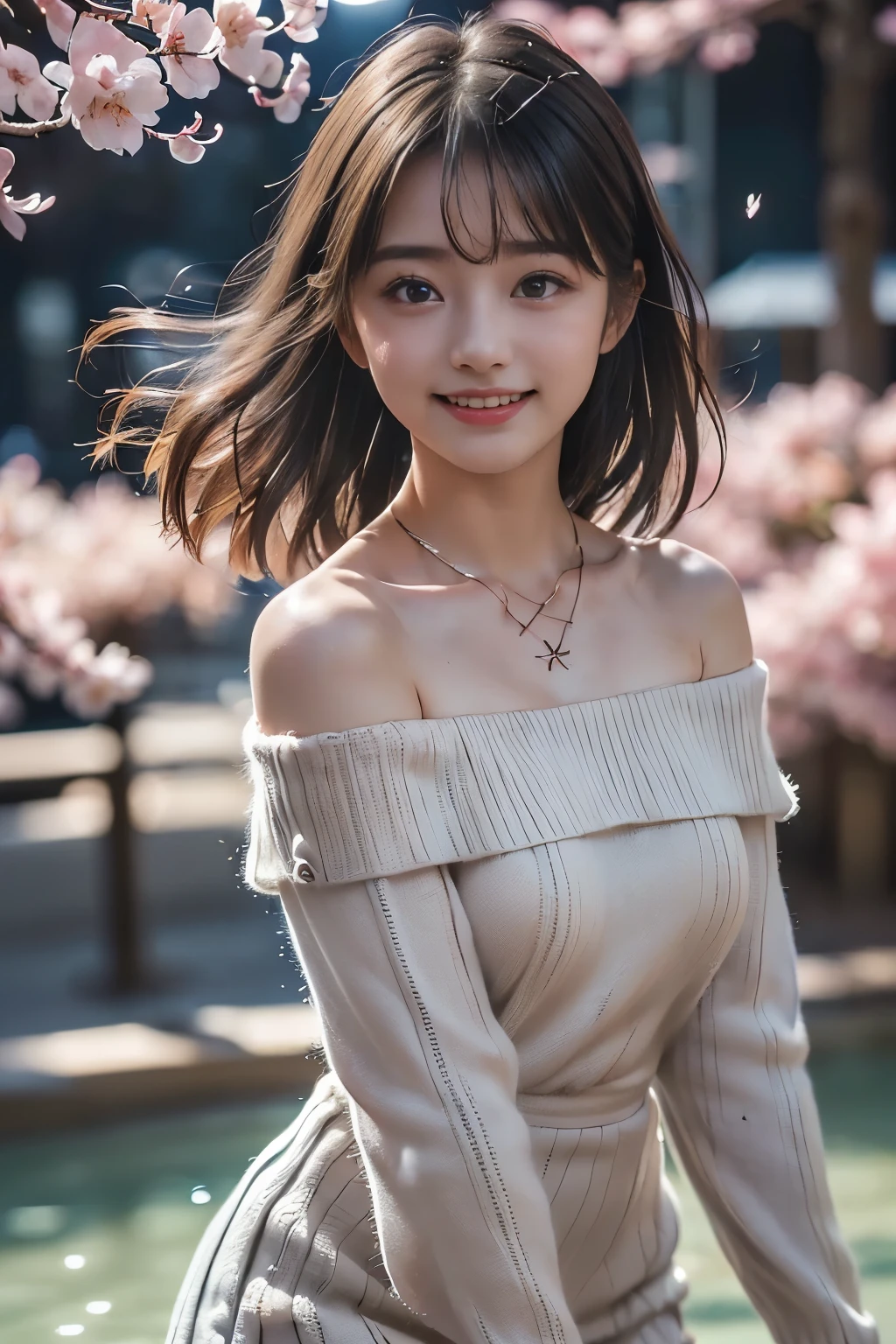 (Highest Quality、masterpiece、super quality、Super accurate 、UHD、Ultra High Definition:1.2)、(16k、Photorealistic、Photographic Realistic、 RAW photos 、f/2.8:1.uper realistic details、high detail、very detailed、Highest Qualityの影、depth of field in shallow water、Raytracing:1.2)、(Baby Face、Pretty Girl High School Student、20 years old:1.uper cute face、One Nogizaka girl:1.3)、(dynamic action、full body、stroll、Professional cinematography、low angle:1.agitales、double eyelids、beautiful, clear, dark eyes)、(natural makeup、crystal pendant for acting)、(big smile、happy:1.hort bob with brown hair、shortcuts、bungs、流したbungs:1.2)、(Completed、完璧な比率、Beautifully detailed body、Beautifully detailed hands and fingers、Beautifully detailed legs、 white skin、very detailedな肌と顔の質感:1.2)、(Off-the-shoulder knit dress with mini skirt:1.pring fashion:1.pring cityscape、fluttering cherry blossoms、fantastic、Mysterious、Night Scenery、starry sky:1.5)、(Beautiful Girl Dancing Gracefully 、Hair blowing in the strong wind、Skirt fluttering in the strong wind:1.4)、( beautiful Korean girl 、 cinematic lighting 、professional lighting)