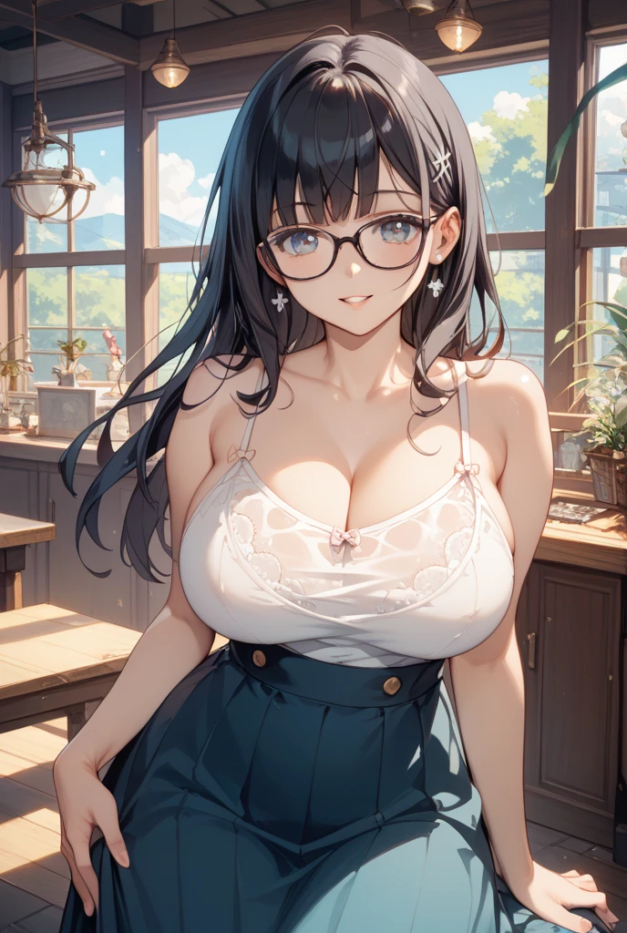 ((masterpiece)), ((best quality)), (ultra-detailed), ((kawaii)), cute, (lovely), ((extremely detailed)), 4K, (8K), best quality, (beautiful), anime style, upper body, folding arms, focus on the face, office, morning, a cute girl, 1girl, solo, suit, beautiful dark brown hair, beautiful white eyes, ((beautiful eyes)), white-skinned, ponytail, transparent hair, translucent hair, large breast, glasses, earrings, necklace, smiling, happy, wind effect