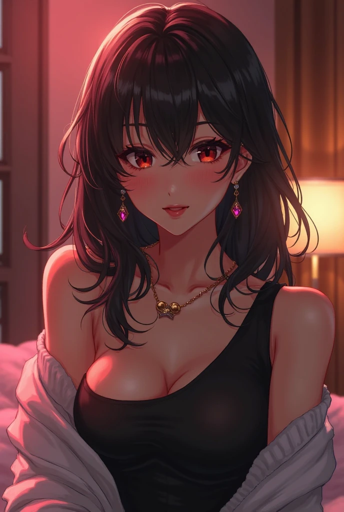 she is black, with black and red curly hair, she is , it&#39;s an anime character, She is kind but serious and black