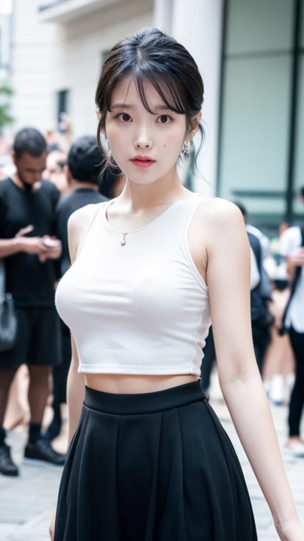 IU, whole body picture, wearing light blue jeans, short white sexy t-shirt showing waist and abdomen, perky boobs, see through