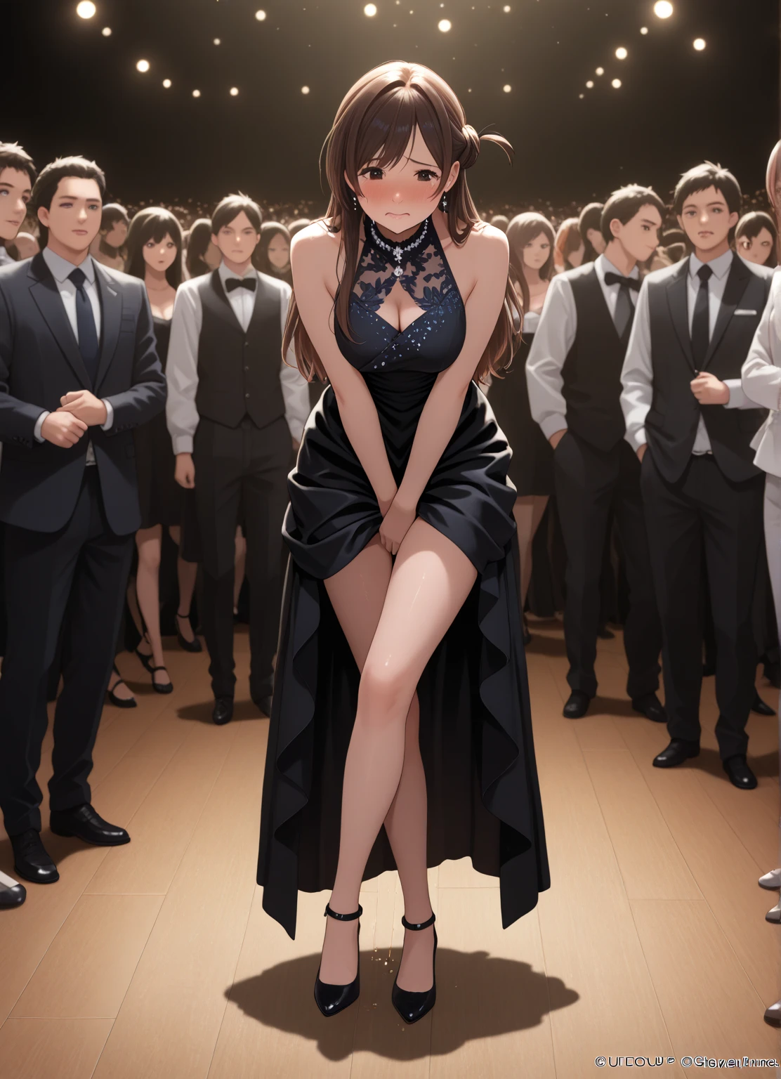 UHD, retina, ccurate, anatomically correct, super detail, high details, high quality, best quality, HD, 4K, textured skin(((mkm1, short hai ))), grey eyes , ( medium breasts ,naked ,topless ,pussy ),pussy line ,nipple ,go commando, braless , 1girl,heart shaped pupils ,collar , netorare ,ruanyi0270,black dress,chain,choker,nipple piercing,see-through,pelvic curtain,public