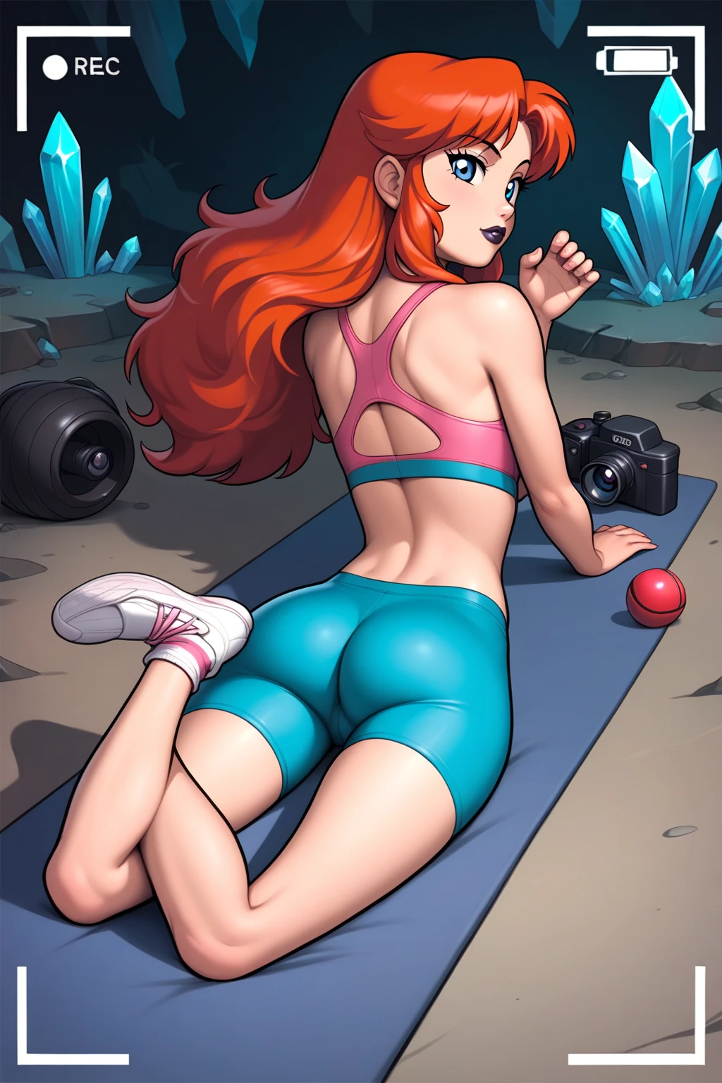 1980s (style), retro artstyle, source_cartoon, score_9, score_8_up, score_7_up, score_6_up, ((zPDXL2)), (cartoon, highly detailed, masterpiece, absurd resolution, perfect anatomy), cowboy shot BREAK maki nishikino, long hair, red hair,purple eyes, solo, raised eyebrow, flirting, ((looking at viewer)), lipstick, makeup, curvy, toned, athletic, bitingown lips in a seducing way, standing, hands beforehead , in cave ,((red hair, perfect details and blue eyes, high-definition picture quality, 8K, Young woman,dark lipstick, )) , thighs, hot body, perfect breasts,(( gorgeous body, sportswear,gry gym leggings , pink sports bra , pink ankle socks, black BROOKS shoes, laying prone, up camera view, full body, bubble butt heartshape, orange hair, crystal blue eyes with eyelashes, looking back to camera , do ggy pose,))