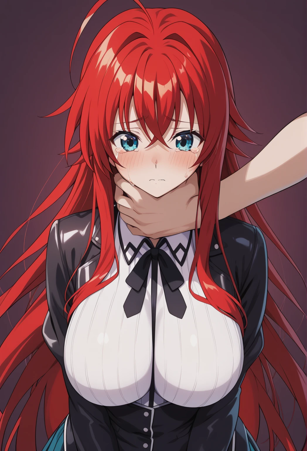 red hair,red eyes,,sad,despair,cry,tears,(collar),(leash),(ball gag),X body pose,tied up,tied to the wall,