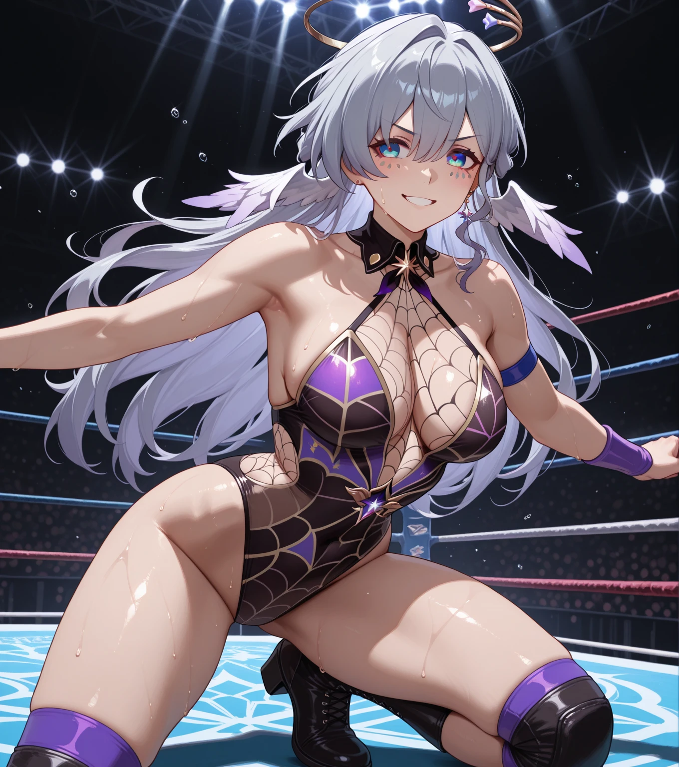 (((masterpiece))),(((best quality))),(ultra-detailed,high resolution:1.2),(illustration),((an extremely delicate and beautiful)),(detailed background), ((((hug from behind)))), sex from behind, standing sex, ((((motion lines)))), vulgarity, breast grab, clothed, (((wrestling ring))), ((1girl)and(1boy)), hetero, (1girl,tall stature),((((Bronya Rand/(Honkai:star rail/)))),official alternate costume, (slender body:1.4), (long hair,drill hair),grey hair,hair between eyes, grey eyes, (large breasts), pale skin,shiny skin, (ahegao,rolling eyes,trembling:1.4), ((She wears dress,white dress, black silk stokings,leggings,black footwear, thigh boots, elbow gloves,black gloves, long sleeves, sleeveless, jewelry,earrings)), (cum in pussy:1.4),cum on clothes,cum on breasts,excessive cum, clothing aside, clothed, ((((1boy,short stature)))),((((Zhongli/(genshin impact/)))),large penis,