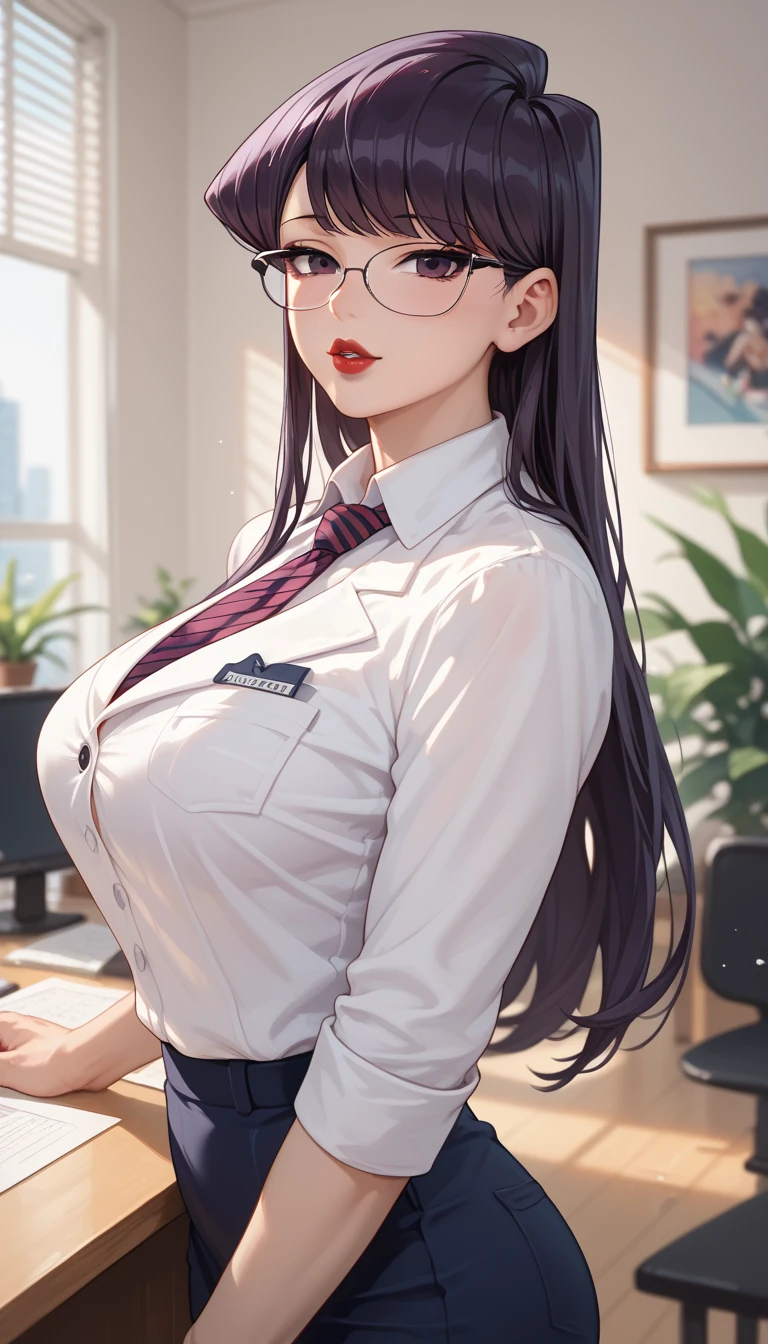 Alone, 1 plump girl, face expressionless, arms folded, cabelos preto e longos, pony tails, side locks, red eyes, The eyes are bright, Bright pupils,wears glasses, Black suit, blouse with a white collar, Black pants, office space, Office interior, llight rays,Exposing cleavage