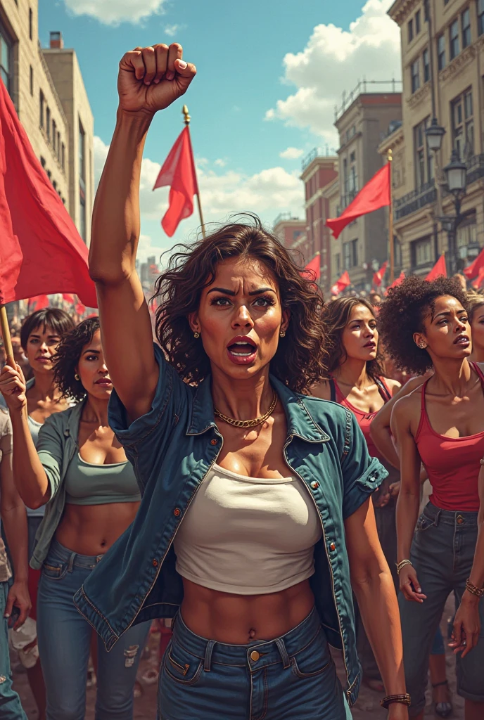 Create a real woman student, a big, light-skinned person, slightly tanned, engaging in activism and holding a brown flag