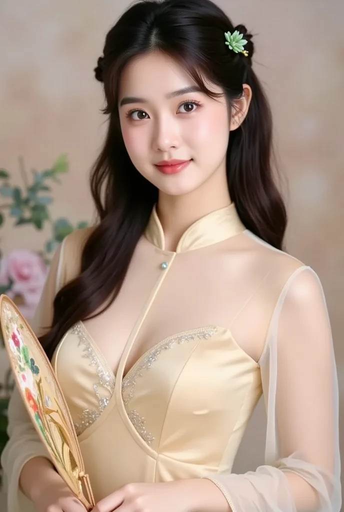 Korean Girls, 18-year-old, A stunning face, Wearing a bright yellow gown, A half-body shot for elegance, Taken with high resolution photos. Gray blurred background, Enhances image resolution and fine details. The girl smiles gently, Her eyes sparkle like stardust, Adding glamour to ultra-realistic captures. bust, What's hidden under the yellow dress?, Showcasing perfect anatomical shape. The soft light of nature envelops the scene., Create a white aura around the girl