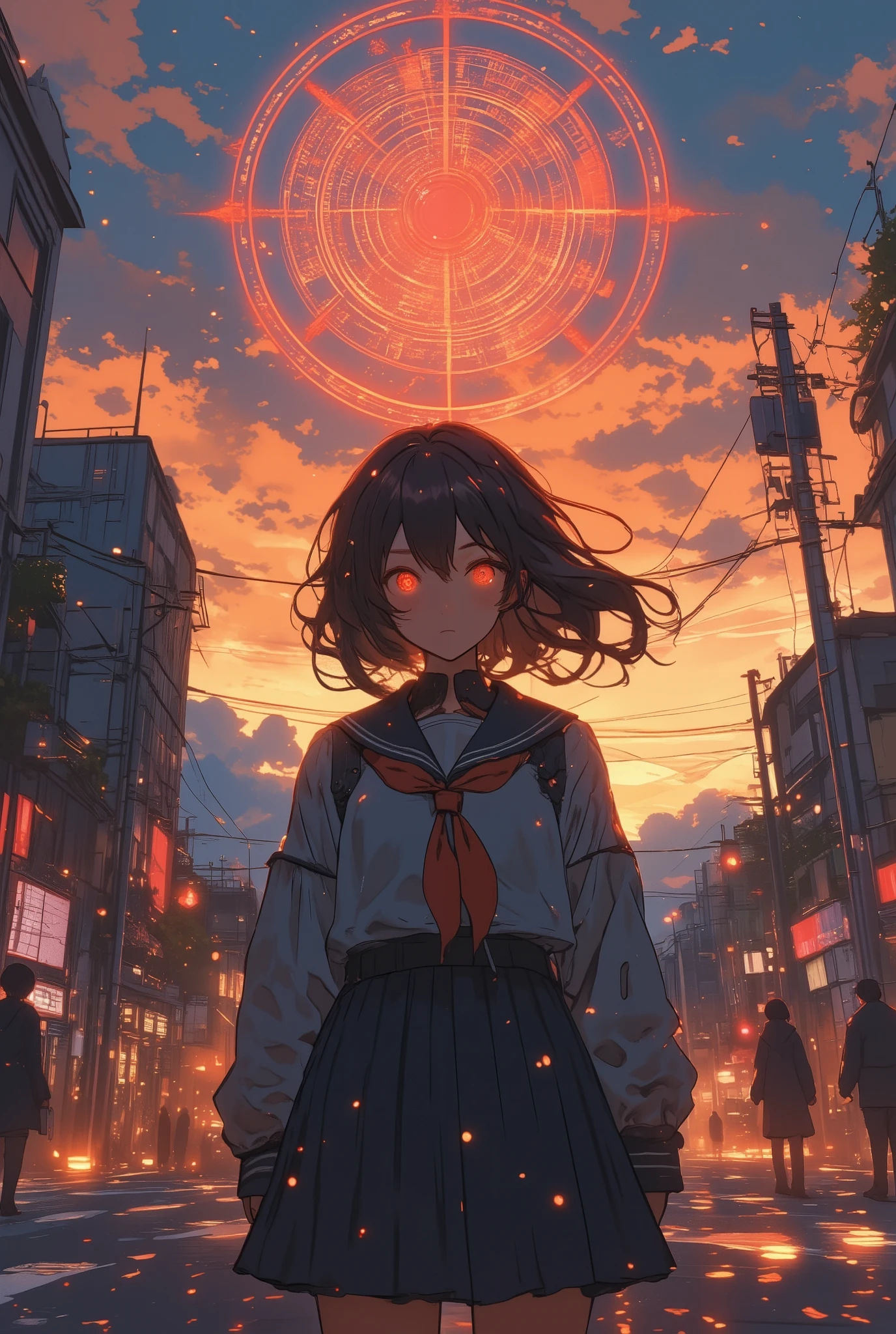a photorealistic cinematic bust-up portrait of a schoolgirl in a Japanese-style uniform standing still in the middle of a modern city street at dusk,
her sailor-style uniform is slightly wrinkled, with a dark collar and red ribbon,
she stares directly into the camera with an expressionless face, her eyes reflecting glowing red magical patterns,
behind her, a massive, ethereal magic sigil hovers faintly in the sky, subtly warping the light around it,
her hair sways gently in the breeze, while faint glowing particles float in the air around her shoulders,
urban background is softly out of focus—traffic lights, blurred figures frozen mid-step, sunlight casting long shadows,
filmic lighting with soft focus depth, golden hour tones mixed with supernatural glow,
a surreal and unsettling mood suggesting hidden power in plain sight