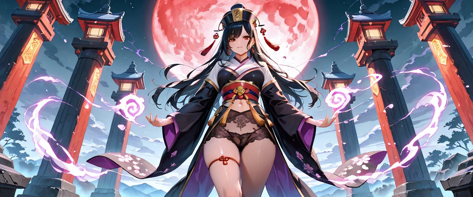 nine tailed girl, blue and green eyes, corpulent, full lips, long bluish black hair, black wolf ears, black white and red shoulder-to-shoulder yukata kimono.