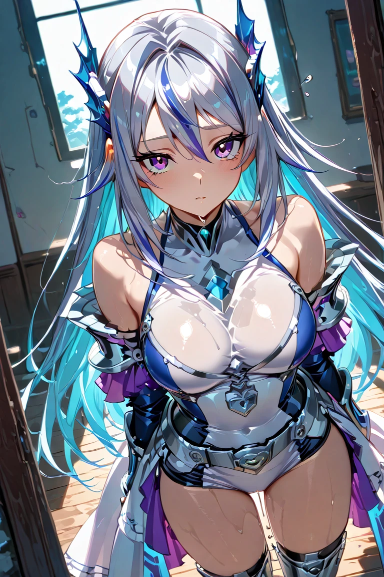 Sensual, Long silver curly hair, Thick thighs, 8k, Highest quality, High resolution、Cute anime face, Noise Reduction, Sparkling blue eyes, A kind smile, Kind eyes、Toned Abs, Muscular arms, Muscular legs, Young Face, Anime Eyes, (((Her big breasts are about to burst)))、(((Bondage Style)))、(((Rear View、I'I'Will turn around、Thongs that dig into your butt))),Backlight,Shiny Hair,Shiny Skin,Glamorous Body,Stylish hairstyle,Stylish accessories,Dramatic lighting,Realistic Flesh,The bite is clear,Dynamic Angle,Dynamic Pose,Brown skin,Sunburn,Sunburn痕,Twin bun hair,Inner Color,Nipple erection,Plump thighs,Stylish bondage,Stylish clothes,See-through,
