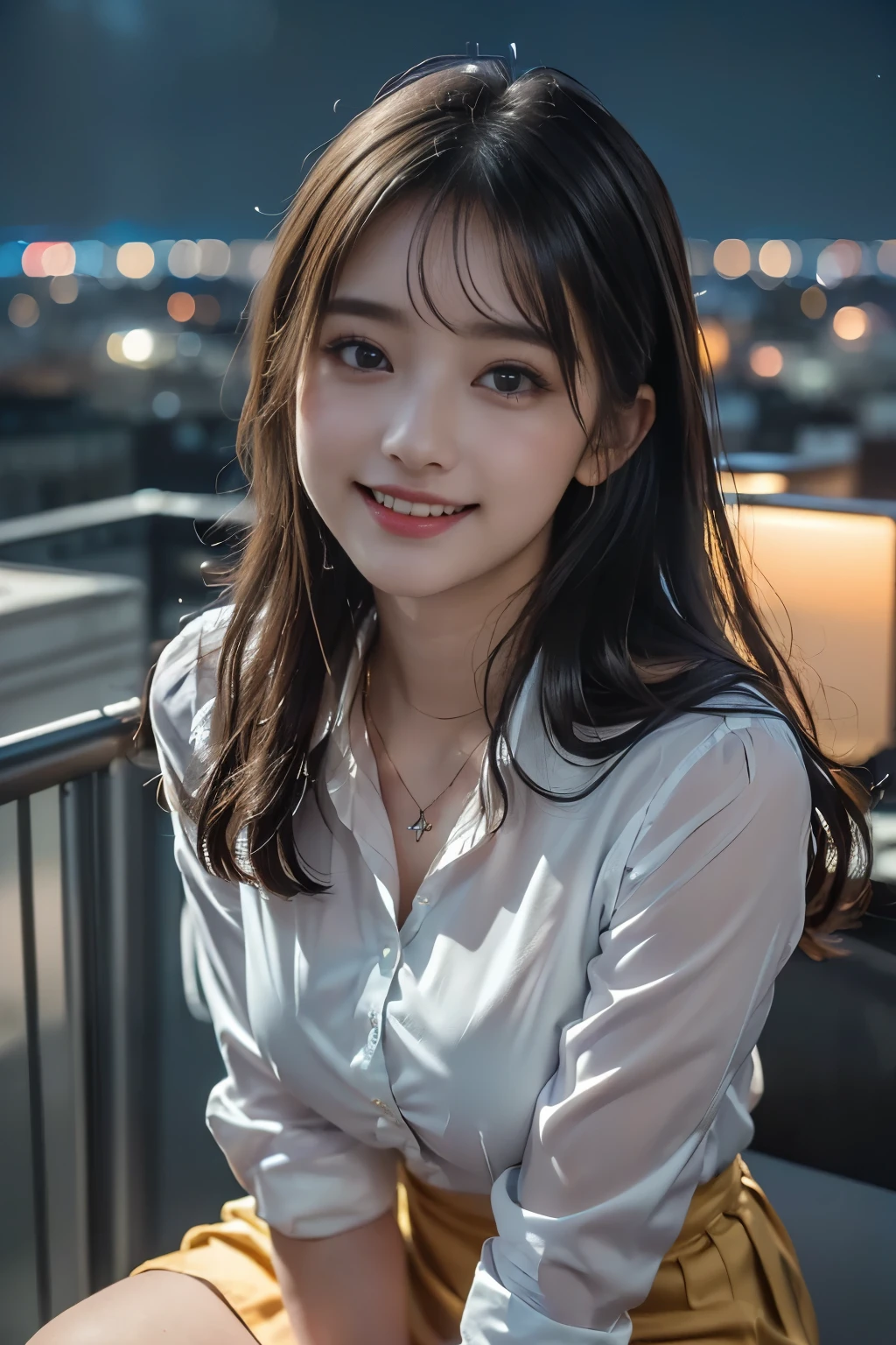 (Highest Quality、masterpiece、super quality、Super accurate 、UHD、Ultra High Definition:1.2)、(16k、Photorealistic、Photographic Realistic、 RAW photos 、f/2.8:1.uper realistic details、high detail、very detailed、Highest Qualityの影、depth of field in shallow water、Raytracing:1.2)、(Baby Face、Pretty Office Lady、20 years old:1.uper cute face、One Nogizaka girl:1.3)、(dynamic action、full body、stroll、Professional cinematography、low angle:1.agitales、double eyelids、beautiful, clear, dark eyes)、(natural makeup、crystal pendant for acting)、(big smile、happy:1.3)、(brown semi-long hair、bungs、流したbungs:1.2)、(Completed、完璧な比率、Beautifully detailed body、Beautifully detailed hands and fingers、Beautifully detailed legs、 white skin、very detailedな肌と顔の質感:1.2)、(OL business shirt、Office Lady Tight Skirt:1.uits、office lady uniform calling on iPhone:1.4)、(night neon city、Office building rooftop、fantastic、Mysterious、Night Scenery、starry sky:1.tarry skyを眺めている、 looking up at the night sky:1.4)、(Hair blowing in the strong wind、cleavage to the teacher)、( beautiful Korean girl 、 cinematic lighting 、professional lighting)