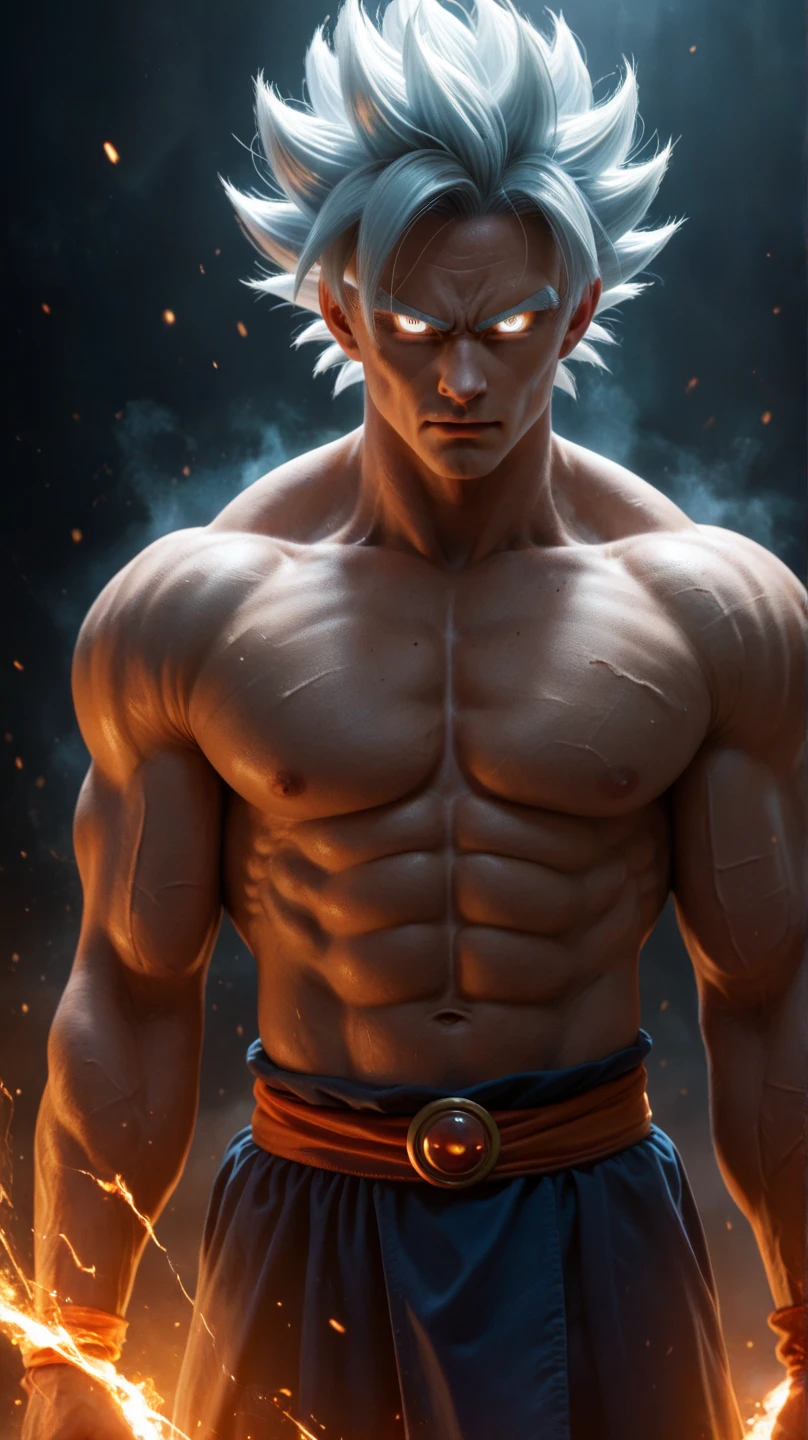 Hyper Focus Portrait, silver haired asian teenage boy, neon white eyes, realisitic, a very muscular body in the renatosphere, epic 3D realism, swollen muscles, large fists, best in wlop, kan liu, daz3d, trends in CGsociety, estilo realisitic hiperdetalhado, completo cosplay, by Ric Nagualero, album, hyung tae kim, 8k, irreal engine 5, film composition, retratos realisitics hiperdetalhados, 3D game art, CG Society, Fantasyart, hd art of season, estética realisitic, cinematic lighting, border light, smooth light, border light de filme, fine glow, ultradetailed, 8k, uso realisitic de luz e cor, cinematic light, rendered in cinema4d 500–1000 AD -- ar 3:4- Niji 6