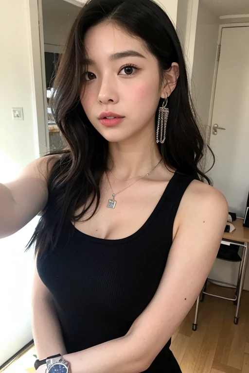 arafed asian woman with a necklace and a gray tank top, beautiful young korean woman, gorgeous young korean woman, beautiful south korean woman, korean girl, a young asian woman, korean woman, young adorable korean face, portrait of female korean idol, young asian girl, beautiful asian girl, young asian woman, young cute wan asian face