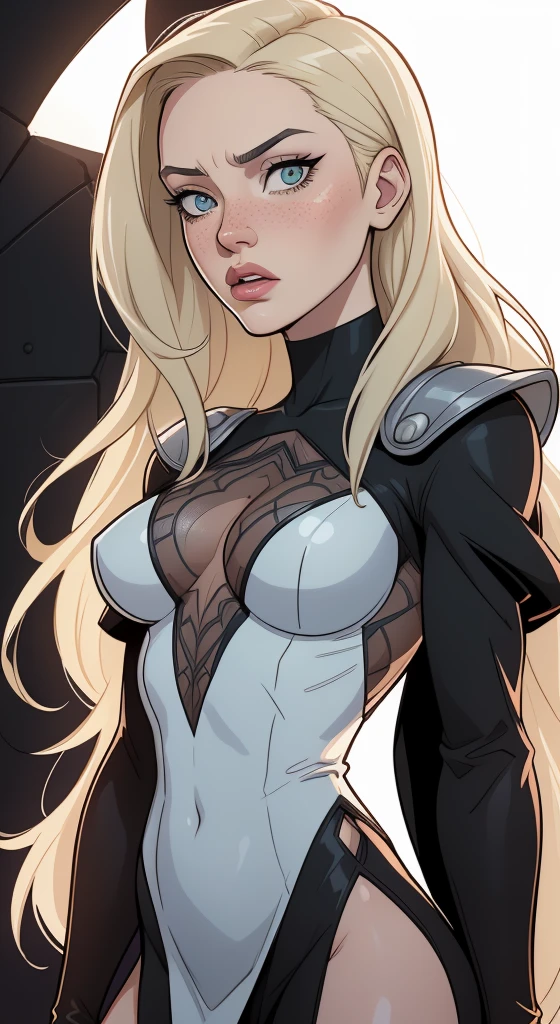 skinny blonde girl , huge boobies , big tits , whole body , battle clothes , cleavage , beautiful , sexy , angelical , innocent , mage , shiny eyes , standing pose , powerful , demigod