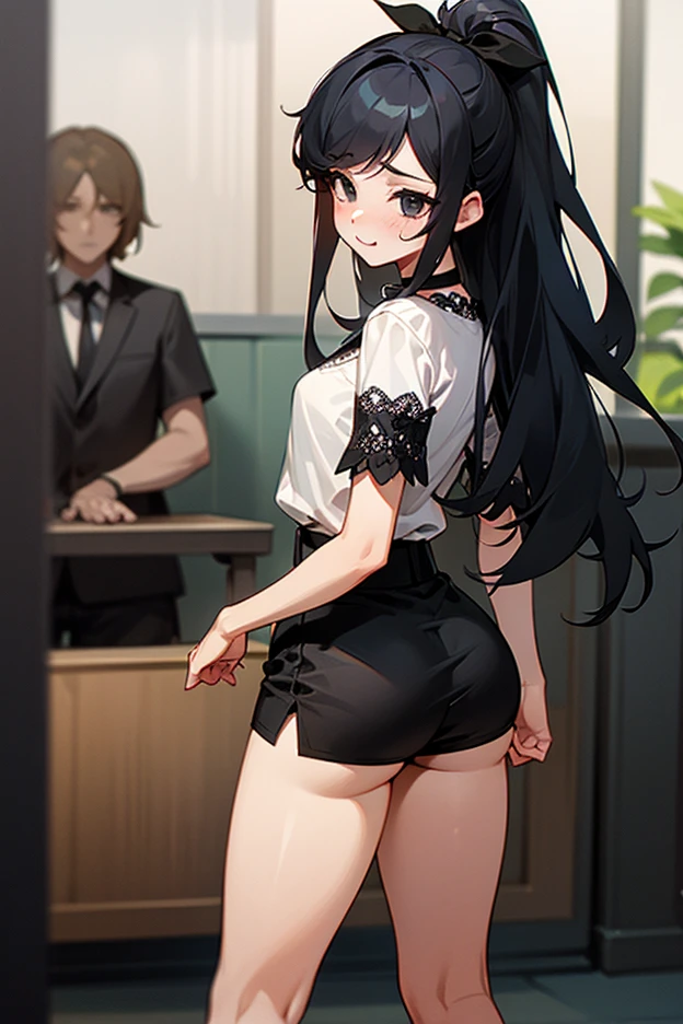 Young girl with black hair, long twintail, twintail hairstyle, (blue eyes), ((small bushy eyebrows)), ( she trying to stand), wearing lolita dress, lolicon , walking to school, flirty smile , suddenly having sex in public, ((doggy style sex)), ((public sex in a restaurant)) naked ass in the male crotch, ), perfect anatomy,(young boy fucking her)