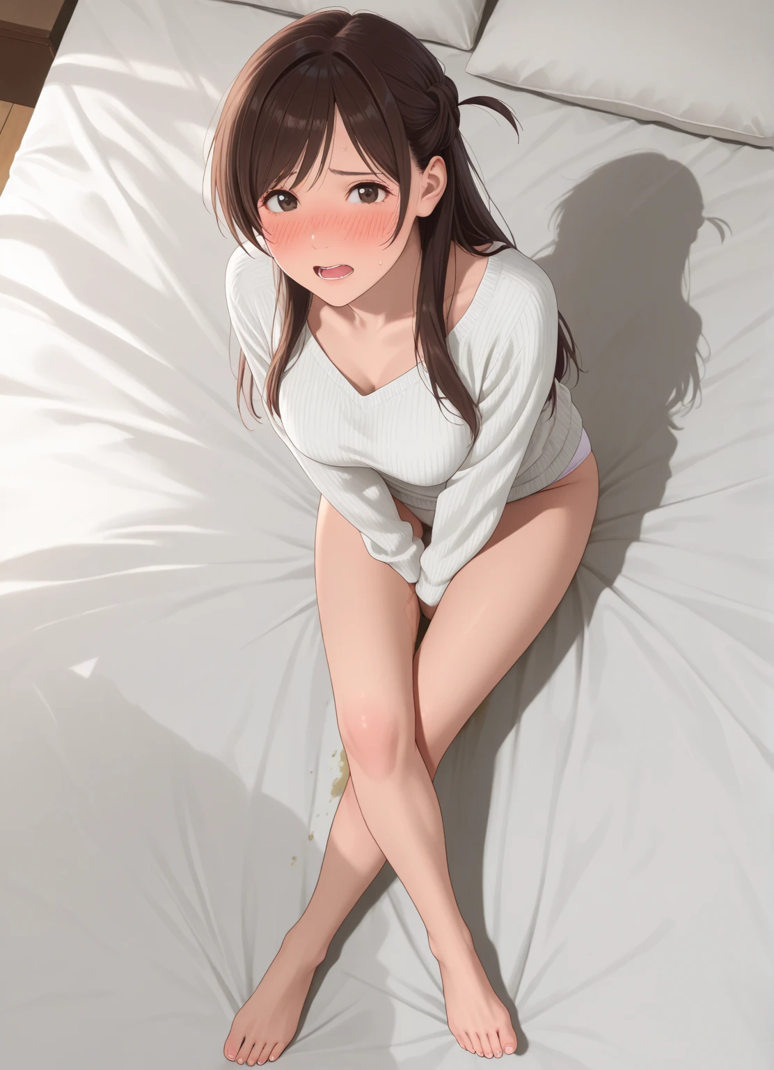 NSFW,(masute piece,Best quality)(Extremely detailed illustration)(Official art)(extreme high definition)(extremely awesome detailed pretty beauty face,Beauty Face)(Perfect Anatomy)
,Loli face,Baace,no-makeup,Brown eyes,Brown hair,Medium hair,bob cuts,Okappa,Slender,Small breasts,Naked,embarrassed, blush,cry, Solo, Barefoot, feet,, 1girl in, on your back, , Lying,, soles, tiptoes, Spread legs, Indoors, Bed, Underwear, Ass