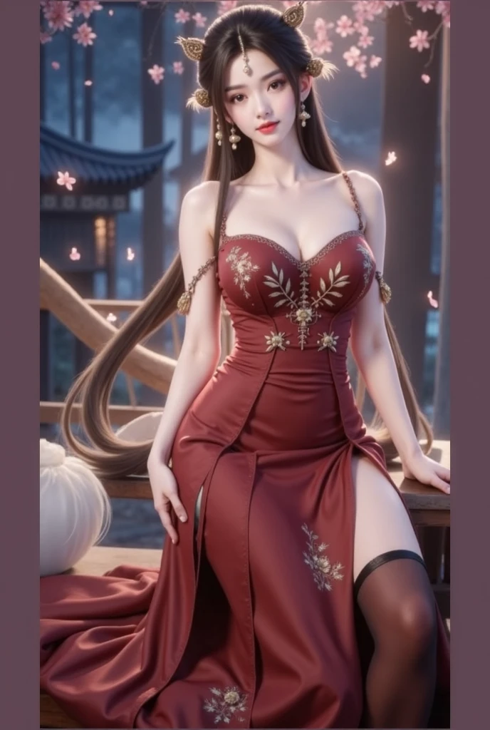 1girl, breasts, solo, cleavage, looking at viewer, long hair, red hair, wide sleeves, building, red eyes, smile, stained glass, city, very long hair, moon, dress, short dress,wearing a blue dress, wearing a necklase, wear a crown, hand holding umbrella, two hand