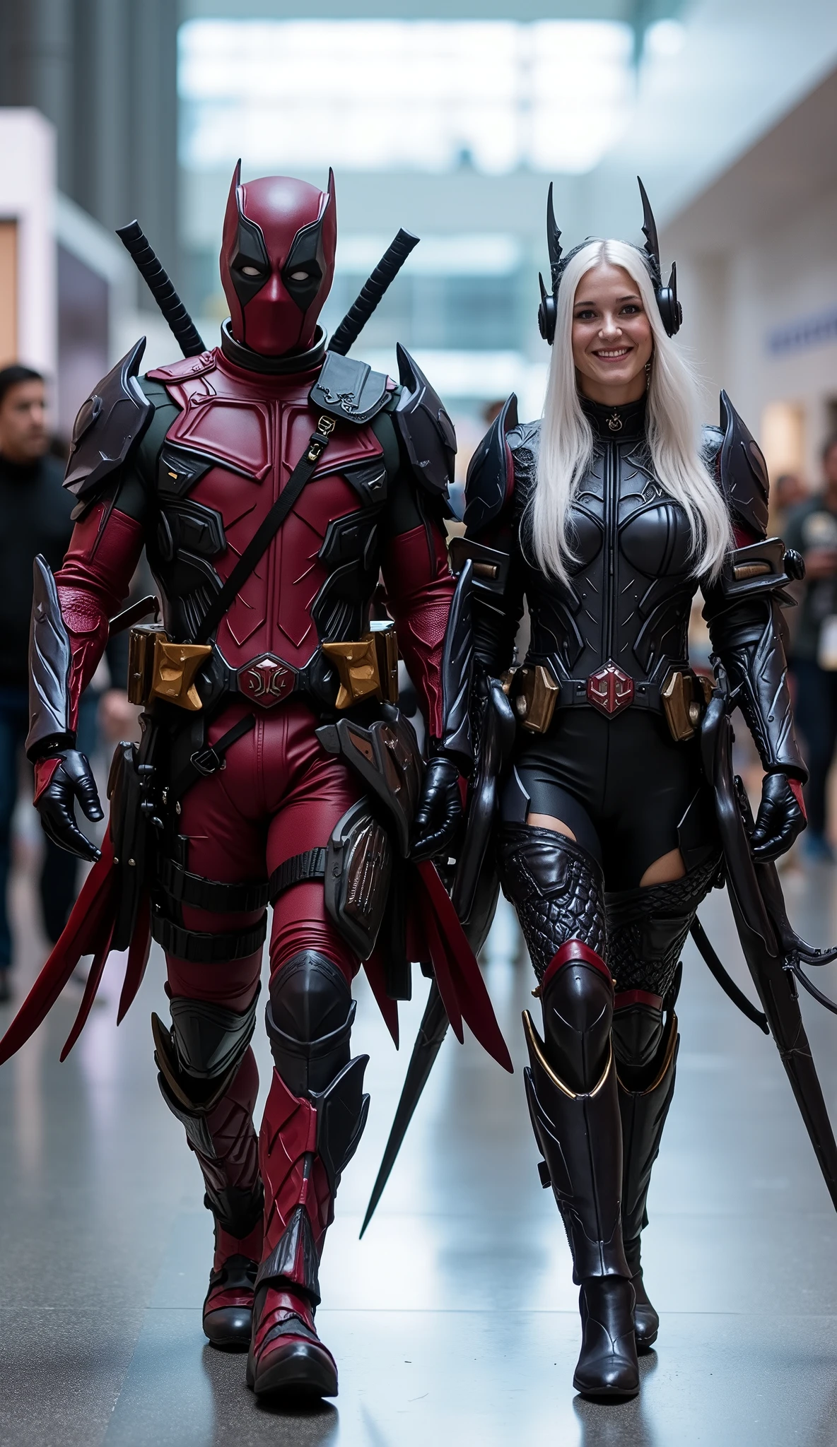character: 1 man white hair wearing Deadpool body suit with dragon armor, and 1 woman long straight white hair wearing Deadpool body suit with dragon armor. Looks Europe face. Two katana swords on their backs.
action: Walk straight and look camera.
Expression : smiling.
Background : A bright indoor public space , with people vaguely seen in the distance, shows that this picture was taken at a fun event or get-together, maybe a convention or costume . They radiate happiness as they walk confidently in their superhero costumes. Show the whole body. They are holding weapons