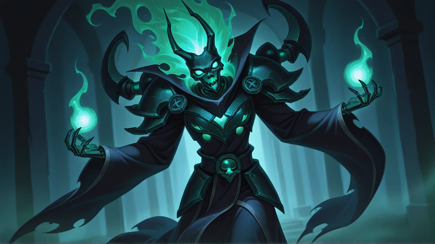 Thresh is a shadow spirit in League of Legends, its translucent, spectral appearance is enveloped in a green aura. He wears a dark cloak and torn tunic, adorned with heavy chains, and carries a lantern that captures souls. Your face is an empty mask with a macabre smile, highlighting their sinister presence and graceful movements across the battlefield.